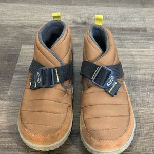 Chaco Tan Quilted Ankle Booties with Black Strap and Yellow Pull Tabs